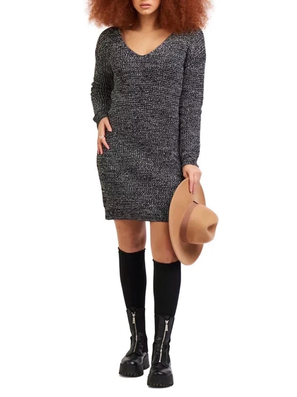 NWT Black Tape Black Pearl Melange V-Neck Knit Sweater Dress Size Small